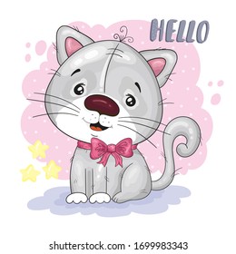 Cute Cartoon cat. vector print. Good for greeting cards, invitations, decoration, Print for Baby Shower, etc