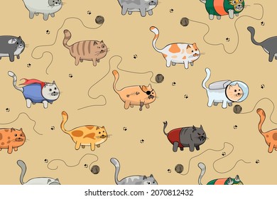 Cute Cartoon Cat Vector, Seamless Pattern And Background