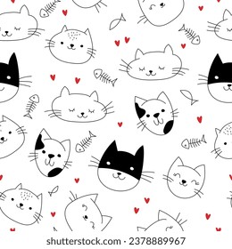 Cute cartoon cat vector seamless pattern, hearts, fish isolated repeat background 