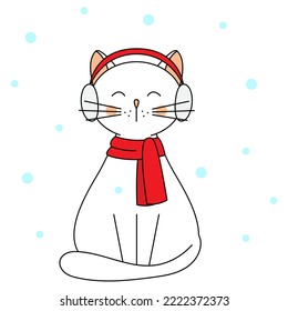 Cute cartoon cat in warm winter clothes. Dressed in headphones and a scarf. Charming animals. Vector illustration