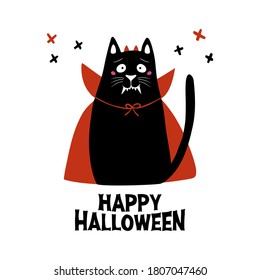 Cute cartoon cat wear vampire costume with fangs, horns and red cloak. Doodle cross elements and Happy Halloween lettering. Holiday card. Isolated on white background. Vector stock illustration.