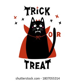 El gato de dibujos animados lindo lleva disfraz de vampiros con colmillos, cuernos y manto rojo. Cruces de Doodle y Papel Trick o tratar la inscripción. Tarjeta de saludo de Halloween. Aislado sobre fondo blanco. Ilustración de material vectorial.