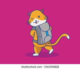 Cute Cartoon Cat wearing a bag to school. Animal Cartoon Flat Style Icon illustration Premium Vector