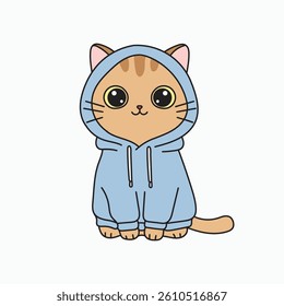 Cute cartoon cat wearing a blue hoodie, sitting calmly with big round eyes.