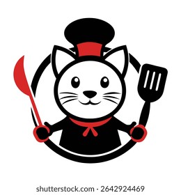 A cute cartoon cat wearing a chef's hat holds a spatula and a spoon, creating a charming image perfect for culinary branding.