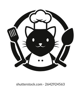 A cute cartoon cat wearing a chef's hat holds a spatula and a spoon, creating a charming image perfect for culinary branding.