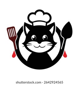 A cute cartoon cat wearing a chef's hat holds a spatula and a spoon, creating a charming image perfect for culinary branding.