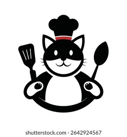 A cute cartoon cat wearing a chef's hat holds a spatula and a spoon, creating a charming image perfect for culinary branding.