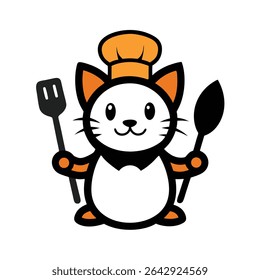 A cute cartoon cat wearing a chef's hat holds a spatula and a spoon, creating a charming image perfect for culinary branding.