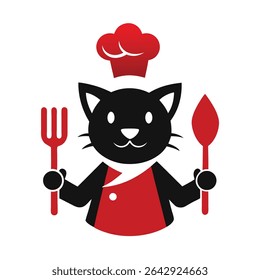 A cute cartoon cat wearing a chef's hat holds a spatula and a spoon, creating a charming image perfect for culinary branding.