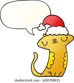 cute cartoon cat wearing christmas hat with speech bubble in smooth gradient style