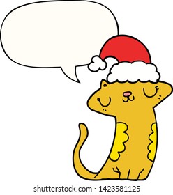 cute cartoon cat wearing christmas hat with speech bubble