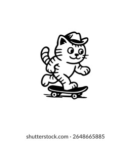 Cute cartoon cat wearing a cowboy hat, skateboarding