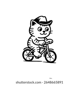 Cute cartoon cat wearing a cowboy hat riding a bicycle