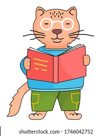 Cute Cartoon Cat Wearing Eyeglasses, Hoodie, Pants Reading Book Isolated At White. Clever Orange Cat Studying. Hero Of Children's Books, Magazines. Adorable Animal Student Or Pupil Of College