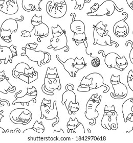 Cute Cartoon Cat Wearing Face Masks Vector Icons, Seamless Pattern And Background