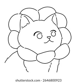 Cute cartoon cat wearing flower collar line art outline illustration 