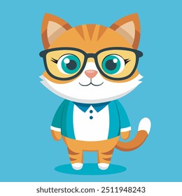 Cute Cartoon Cat Wearing Glasses and Suit, Smart Cat in Glasses and Suit  