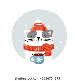 Cute cartoon cat wearing a hat and scarf holding a cup of hot tea. Isolated flat vector illustration, hand drawn