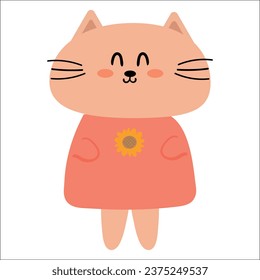 Cute cartoon cat wearing pink clothes, for greeting cards, stickers etc