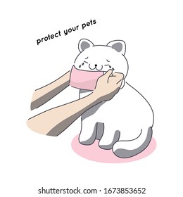 Cute cartoon cat wearing pollution mask  to prevent germs. Coronavirus COVID-19 outbreak concept.  Vector illustration.