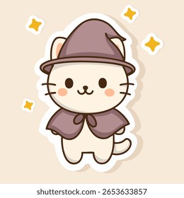 Cute cartoon cat wearing a purple cloak and witch hat. Minimalist and charming Halloween-style illustration. I