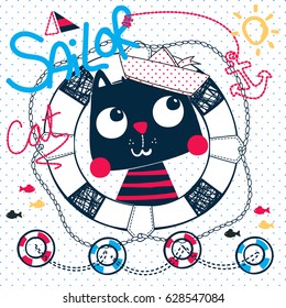 Cute cartoon cat wearing sailor hat in a life buoy on blue polka dot background illustration vector.