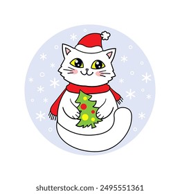 Cute cartoon cat wearing a Santa hat and holding a Christmas tree in his paws. Christmas and New Year theme. For children's print design, posters, cards, stickers, etc. Vector illustration
