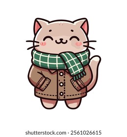 Cute cartoon cat wearing a scarf and a coat, smiling happily.