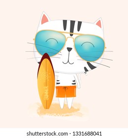 Cute cartoon cat Wearing sunglasses holding a surfboard on the beach.