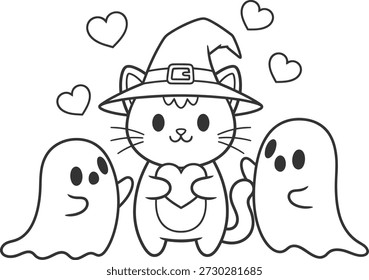 Um gato de desenho animado bonito usando um chapéu de bruxa está abraçando um coração, cercado por dois fantasmas amigáveis e corações flutuantes, criando uma cena de Halloween emocionante.