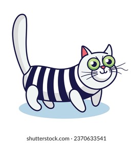 Cute cartoon cat wears striped clothes. Hand drawn kitten illustration. White Cat character with green eyes and striped sweater. Vector illustration in cartoon style.