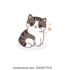 Lindo gato de dibujos animados, blanco y gris, con rayas y corazones. fondo blanco