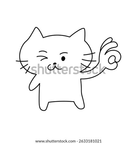 Cute cartoon cat winking and making OK hand gesture, playful and confident pose, black and white line art. Fun and positive design perfect for coloring, stickers, emoji sets, or playful graphics