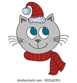 Cute cartoon cat. Winter. Vector illustration.