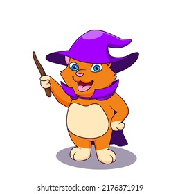 Cute cartoon cat in witch hat. Cute halloween cartoon. Vector illustration