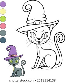 Cute cartoon cat in a witch's hat sitting.  Spooky Halloween vector illustration in black and white for game, background, template, wallpaper, decoration. Coloring paper, 