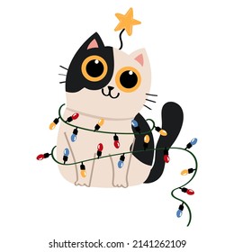 Cute cartoon cat wrapped in Christmas garland.