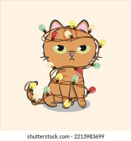 Cute cartoon cat wrapped in Christmas garland. Garland lights bulb string. Cute cat character for christmas and new year. Doodle cartoon style. Graphic resource for graphic, content , banner, sticker