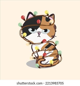 Cute cartoon cat wrapped in Christmas garland. Garland lights bulb string. Cute cat character for christmas and new year. Doodle cartoon style. Graphic resource for graphic, content , banner, sticker