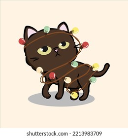 Cute cartoon cat wrapped in Christmas garland. Garland lights bulb string. Cute cat character for christmas and new year. Doodle cartoon style. Graphic resource for graphic, content , banner, sticker
