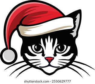 Cute cartoon cat wrapped in Christmas garland, Cute cat illustration with a Christmas tree hat