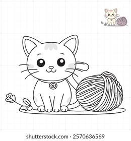 Cute Cartoon Cat with Yarn Ball