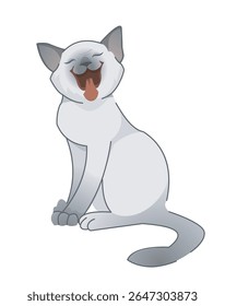 Bonito gato de desenho animado bocejando com a língua para fora, em um estilo gráfico plano, sentado em um fundo branco. Conceito de relaxamento, conforto e comportamento felino. Ilustração vetorial