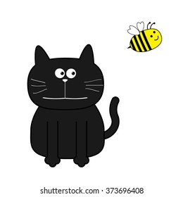 Cute cartoon cat. Yellow bee. Flat design style. Isolated. White background. Vector illustration