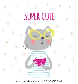 Cute cartoon cat in yellow glasses holds a cup of drink.