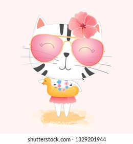 Cute cartoon cat in Yellow rubber duck swimming circle and Sunglasses enjoying summer on the beach.