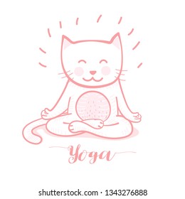 Cute cartoon cat in yoga pose meditation, a lotus position on white background,  It can be used as a poster, postcard, complimentary yoga , sports center and print on shirt. vector illustration.