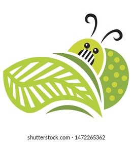 Cute cartoon caterpillar eats leaf. Vector illustration