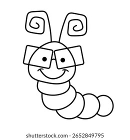 Lagarta de desenhos animados bonito com óculos e antena. Ilustração de vetor em preto e branco. Um desenho animado feliz lagarta em um simples estilo de contorno preto e branco.